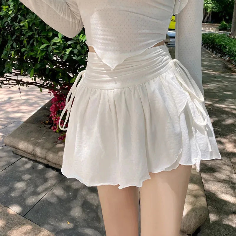 IMIEMIE Fashion Shirring White Mini Skirts Women High Waist Irregular Pleated Skirts Sweet Girly Style All-Match Ruffles Short Skirts