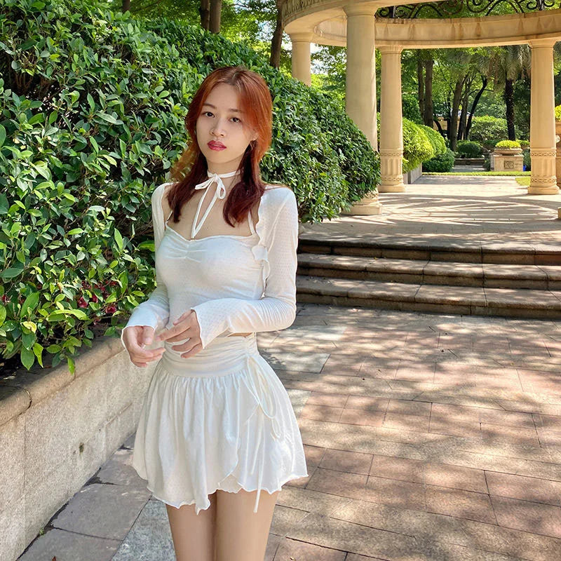 IMIEMIE Fashion Shirring White Mini Skirts Women High Waist Irregular Pleated Skirts Sweet Girly Style All-Match Ruffles Short Skirts