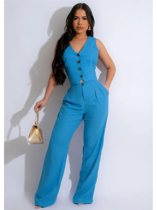 IMIEMIE Fashion Sleeveless Vest Pants Women Solid Color Suit Spring Summer V Neck Ultra Short Top + Slim Pants Female Office 2 Piece Set