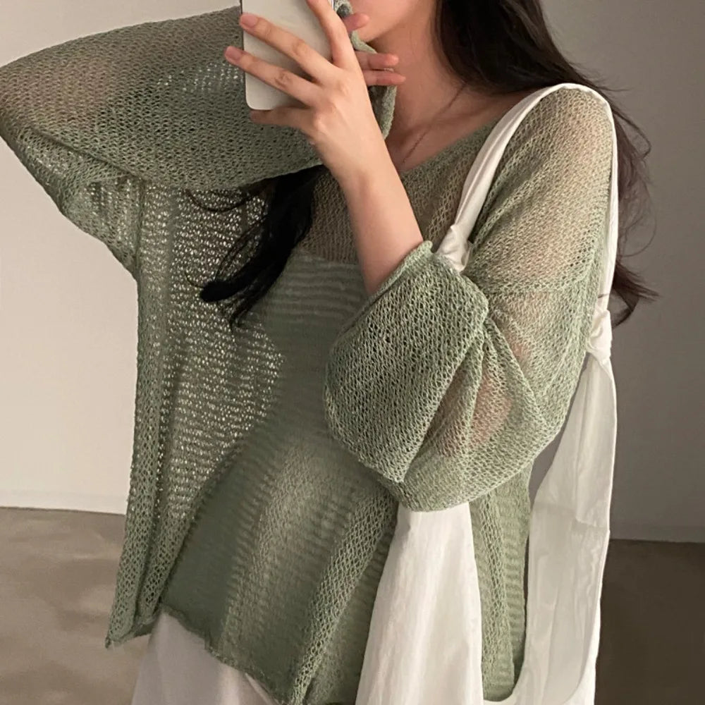 IMIEMIE Fashion Summer Hollow Out Blouses Loose Thin Sunscreen Clothing Long Sleeve Beach Vacation Knitwear Tops Women