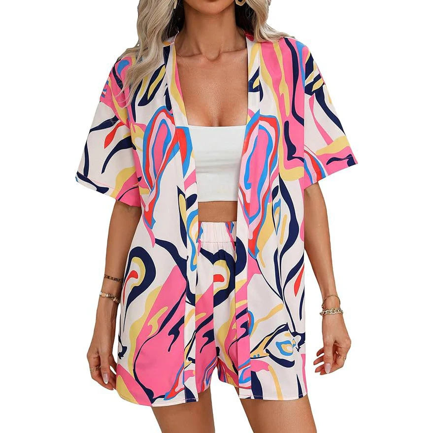 IMIEMIE Fashion Turn-down Collar Short Sleeve Shirt Women Casual Print Pants Beach Style Loose Suit Party Vacation Two Piece Set