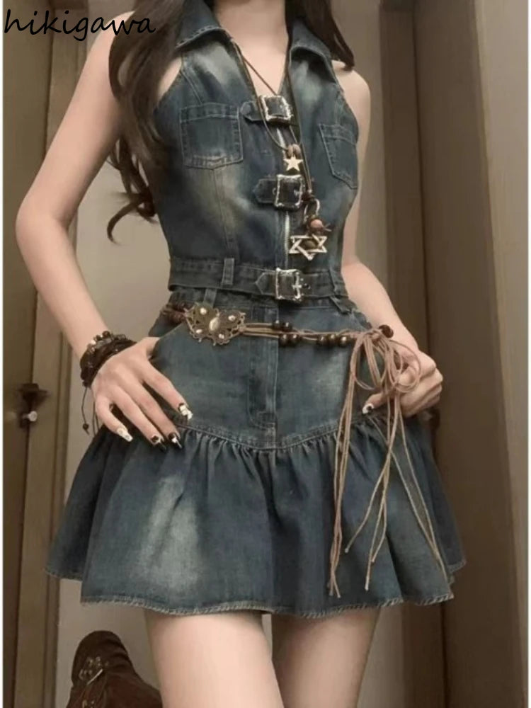 IMIEMIE Fashion Two Piece Sets Women Clothing Sleeveless Zipper Y2k Tops High Waist A-line Mini Skirt Outfits Casual Summer Denim Set