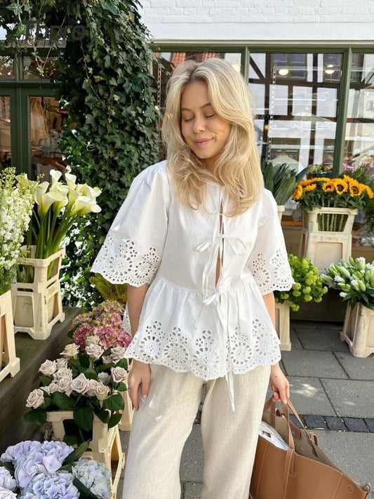 IMIEMIE Fashion White Hollow Out Lace Up Shirt For Women Elegant Casual O Neck Short Sleeve Tops 2024 Spring Female Commuting Streetwear