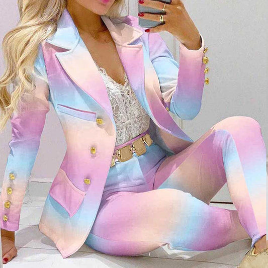 IMIEMIE Fashion Women Jacket + Pants 2 Piece Set Spring New Button Long Sleeve Turn-down Collar Print Suit Casual Blazer Versatile Set