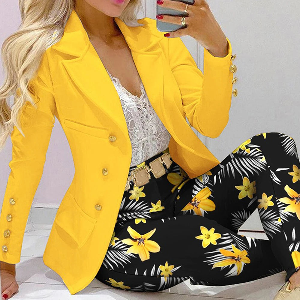 IMIEMIE Fashion Women Jacket + Pants 2 Piece Set Spring New Button Long Sleeve Turn-down Collar Print Suit Casual Blazer Versatile Set