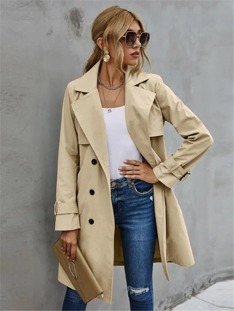 IMIEMIE Fashion Women Trench Casual Solid Color Coat Adult Elagant Fashion Long Sleeve Lapel Neck Double Breasted Belted Coat For Female