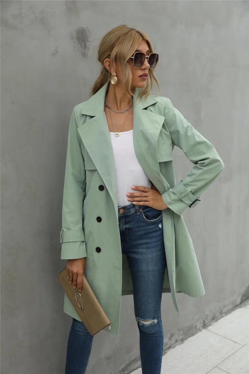 IMIEMIE Fashion Women Trench Casual Solid Color Coat Adult Elagant Fashion Long Sleeve Lapel Neck Double Breasted Belted Coat For Female