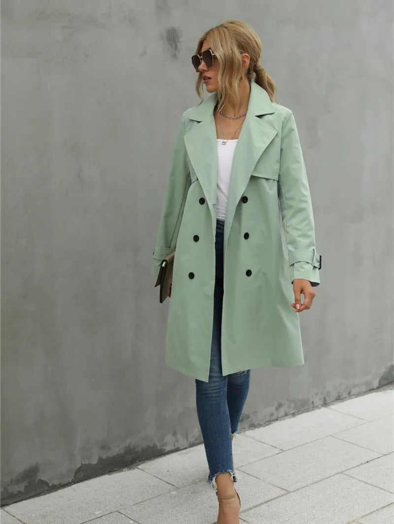 IMIEMIE Fashion Women Trench Casual Solid Color Coat Adult Elagant Fashion Long Sleeve Lapel Neck Double Breasted Belted Coat For Female