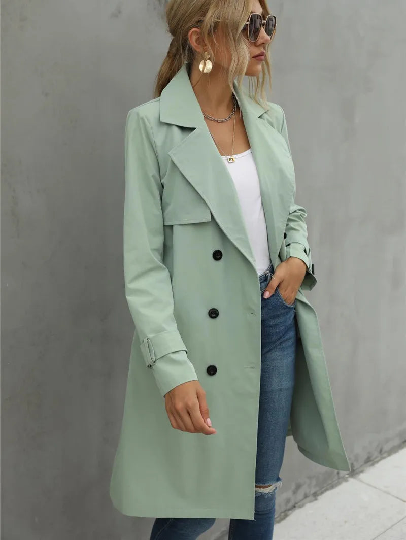 IMIEMIE Fashion Women Trench Casual Solid Color Coat Adult Elagant Fashion Long Sleeve Lapel Neck Double Breasted Belted Coat For Female