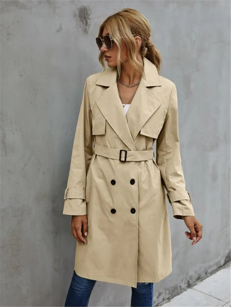 IMIEMIE Fashion Women Trench Casual Solid Color Coat Adult Elagant Fashion Long Sleeve Lapel Neck Double Breasted Belted Coat For Female