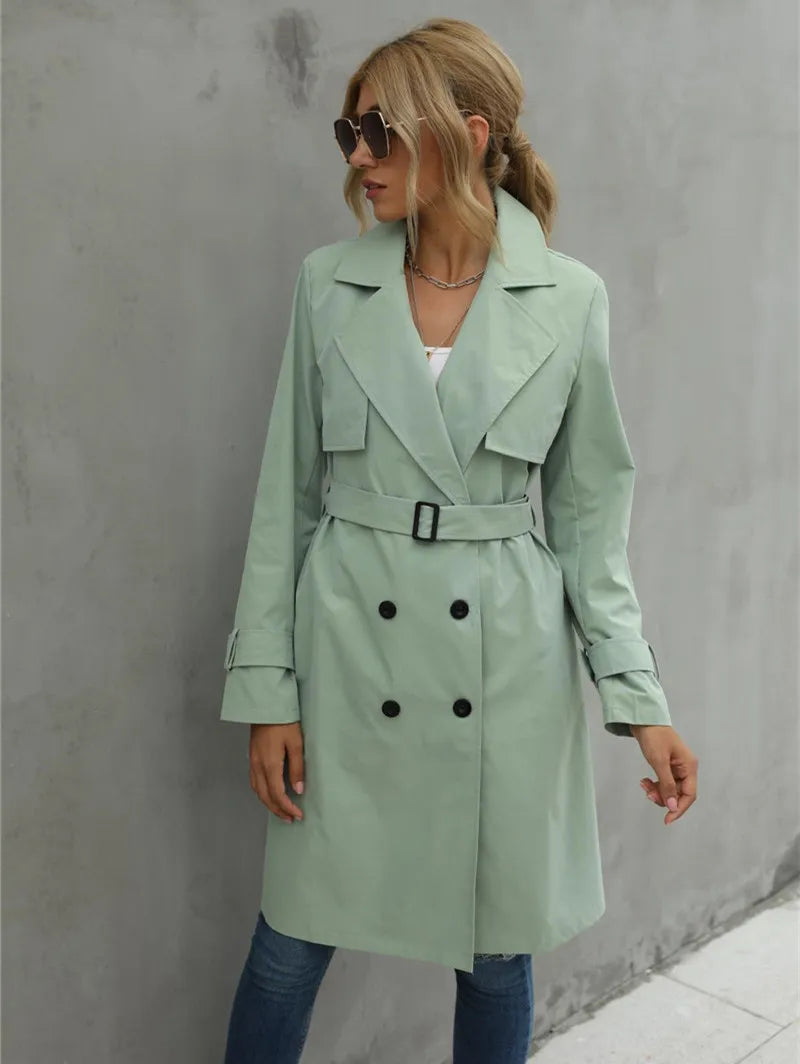 IMIEMIE Fashion Women Trench Casual Solid Color Coat Adult Elagant Fashion Long Sleeve Lapel Neck Double Breasted Belted Coat For Female