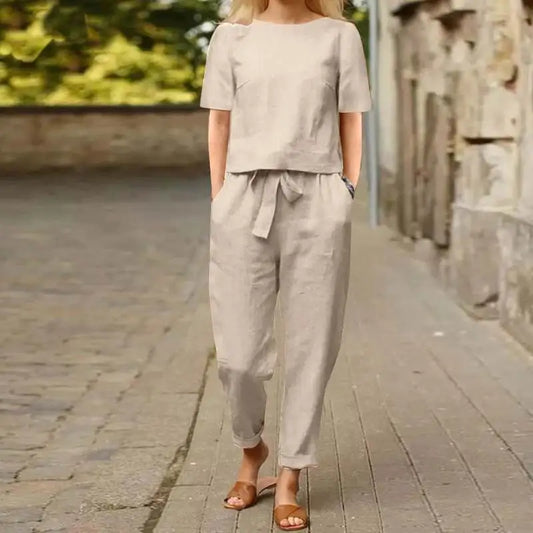 IMIEMIE Fashion Women's Cotton Hemp Summer Khaki Round Neck Short Sleeve Loose Top High Waist Pocket Wide Leg Pants Retro 2 Piece Set