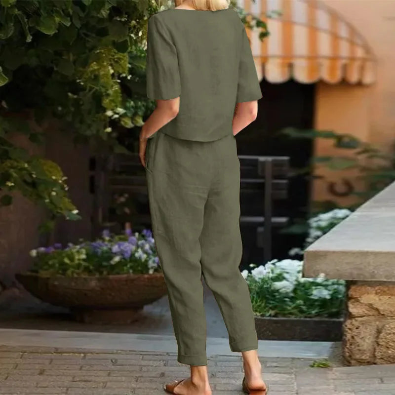 IMIEMIE Fashion Women's Cotton Hemp Summer Khaki Round Neck Short Sleeve Loose Top High Waist Pocket Wide Leg Pants Retro 2 Piece Set