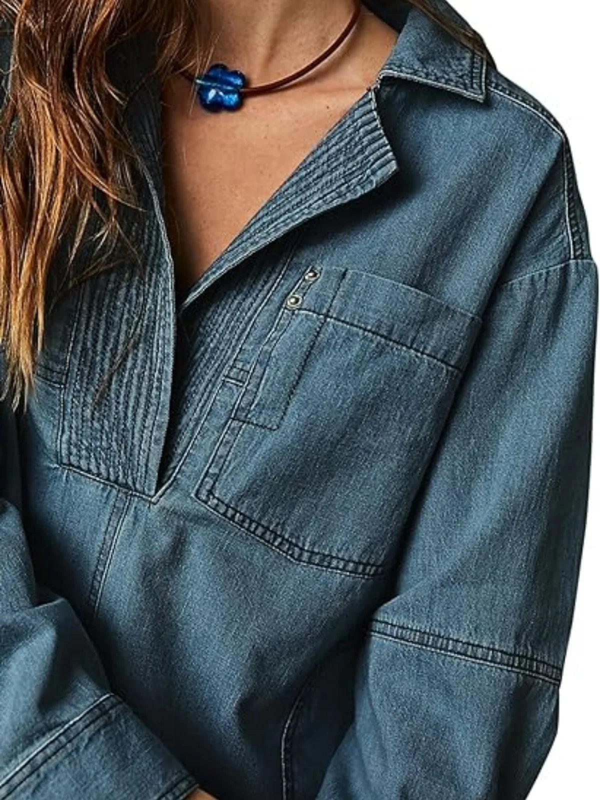 IMIEMIE Fashion Women's Denim Shirt Casual Button V Neck Blouse Loose Fitting Long Sleeves Woman Jean Blouses And Shirts Top With Pocket