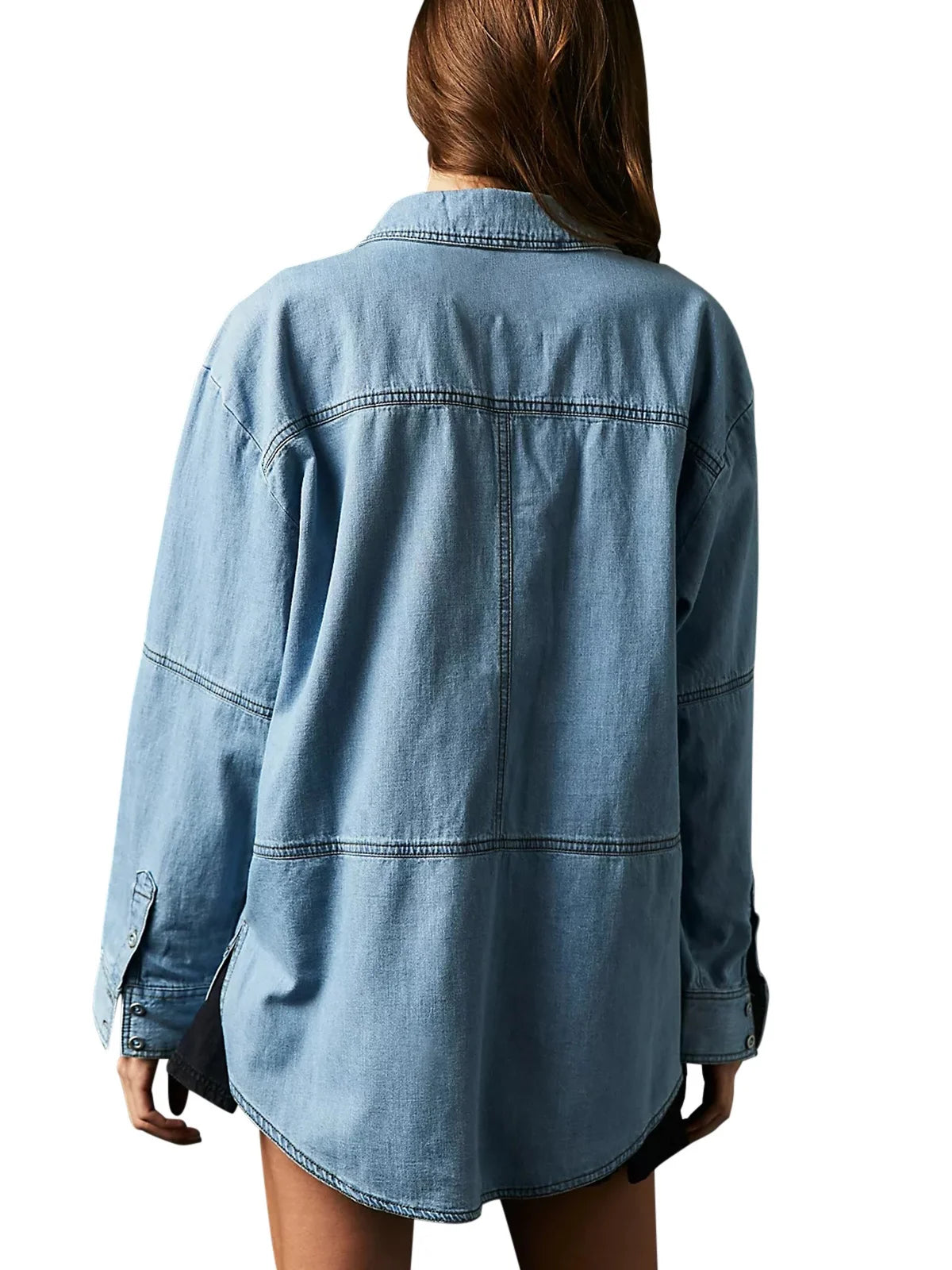 IMIEMIE Fashion Women's Denim Shirt Casual Button V Neck Blouse Loose Fitting Long Sleeves Woman Jean Blouses And Shirts Top With Pocket