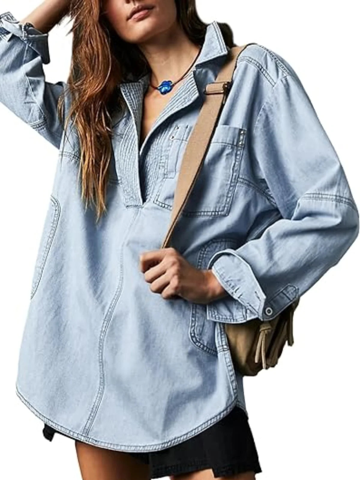 IMIEMIE Fashion Women's Denim Shirt Casual Button V Neck Blouse Loose Fitting Long Sleeves Woman Jean Blouses And Shirts Top With Pocket