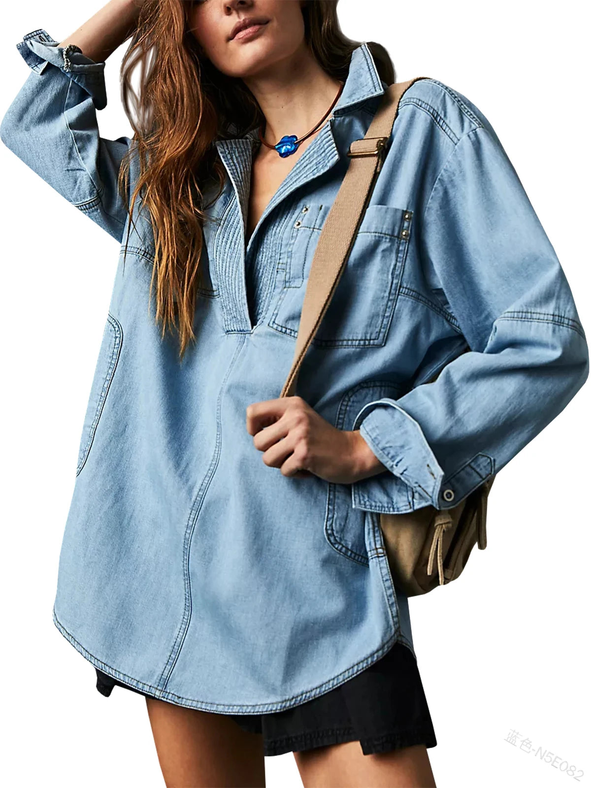 IMIEMIE Fashion Women's Denim Shirt Casual Button V Neck Blouse Loose Fitting Long Sleeves Woman Jean Blouses And Shirts Top With Pocket