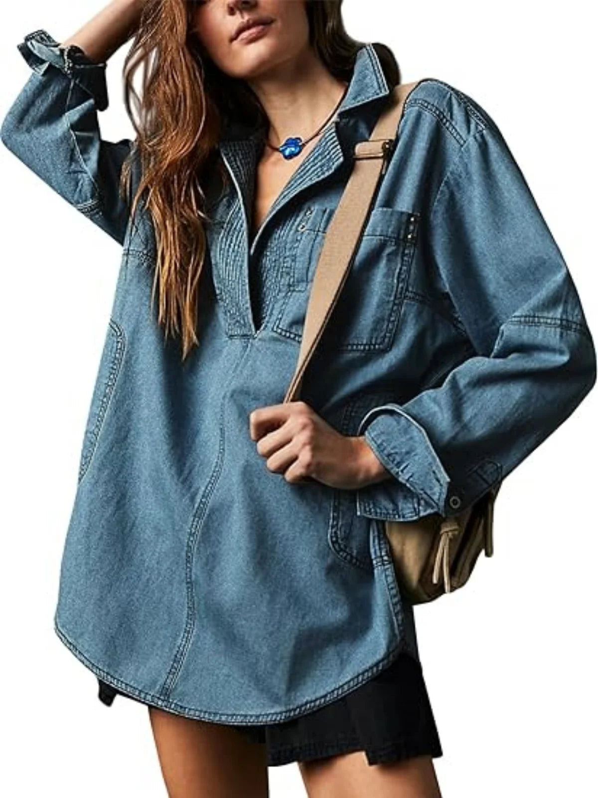 IMIEMIE Fashion Women's Denim Shirt Casual Button V Neck Blouse Loose Fitting Long Sleeves Woman Jean Blouses And Shirts Top With Pocket