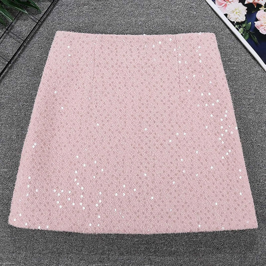 IMIEMIE Fashion Y2K Streetwear Mini Skirt Women's Glitter Sequin Bodycon Tweed Skirts Wrapped Hip Short A-Line Pink White Femme Faldas