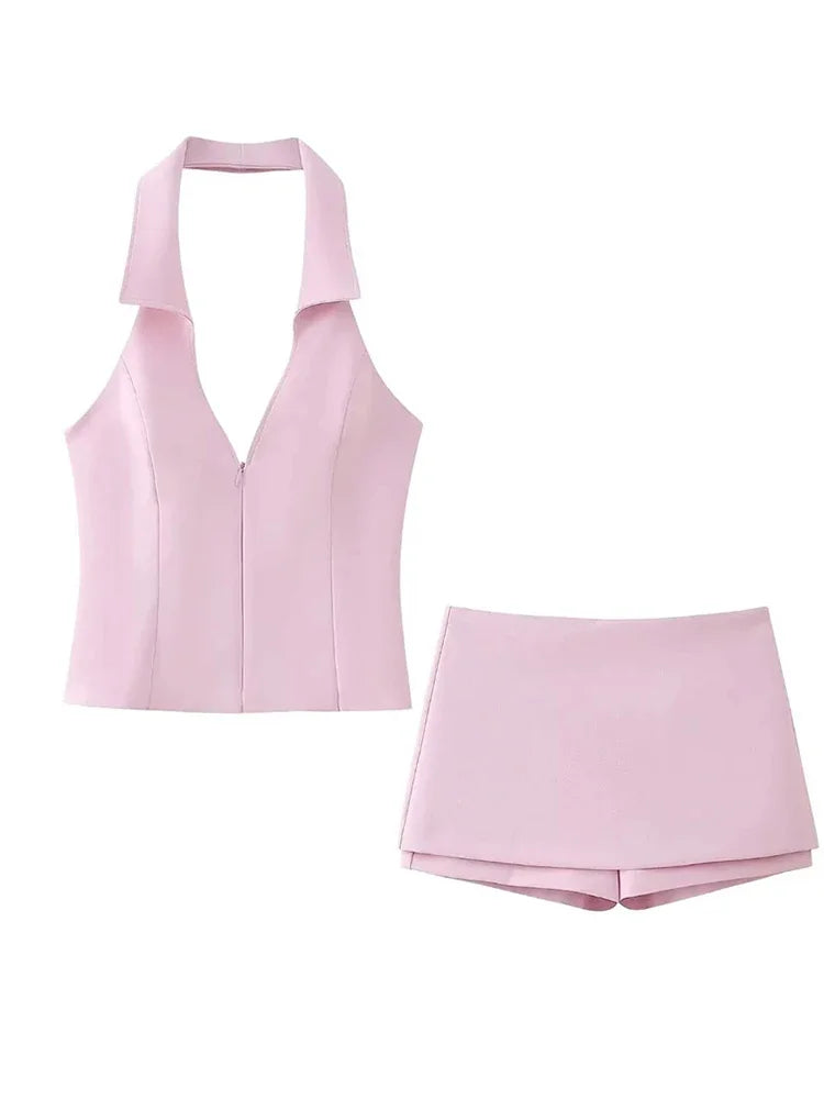 IMIEMIE Fashion pink shorts set for women sexy V neck sleeveless tops female slim hip package skirt 2024 Spring Summer new ladies suit