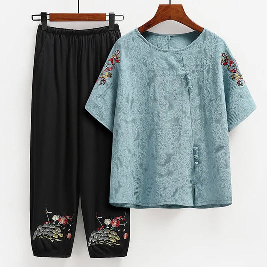 IMIEMIE Fdfklak Middle-aged Summer Clothes Suit Cotton Linen Mother's Day Gifts Short-sleeved Summer T-Shirt Suit Ankle-length Trousers