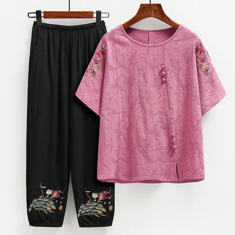 IMIEMIE Fdfklak Middle-aged Summer Clothes Suit Cotton Linen Mother's Day Gifts Short-sleeved Summer T-Shirt Suit Ankle-length Trousers