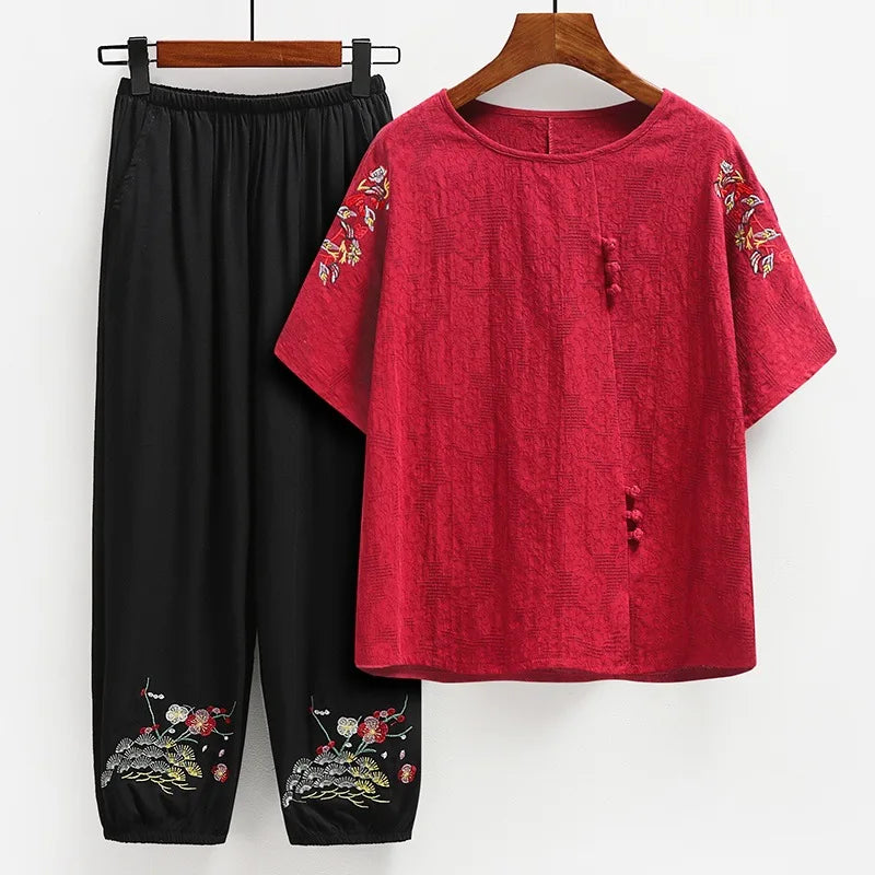 IMIEMIE Fdfklak Middle-aged Summer Clothes Suit Cotton Linen Mother's Day Gifts Short-sleeved Summer T-Shirt Suit Ankle-length Trousers