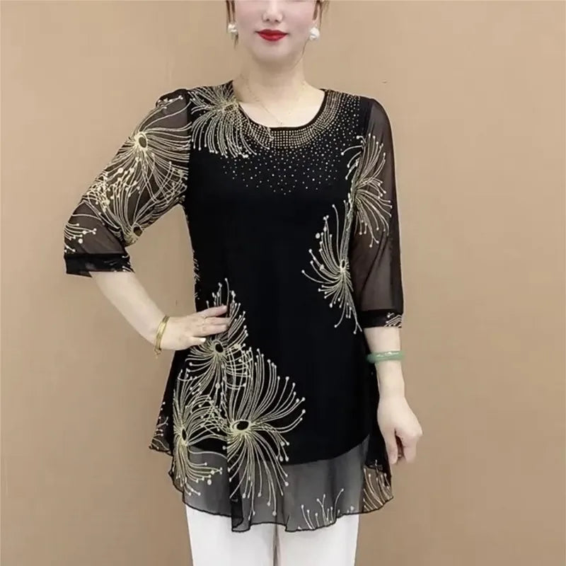 IMIEMIE Female Clothing Vintage Stylish Printed Shirt Spring Summer Commute Casual O-Neck Loose Chic Diamonds 3/4 Sleeve Midi Blouse New