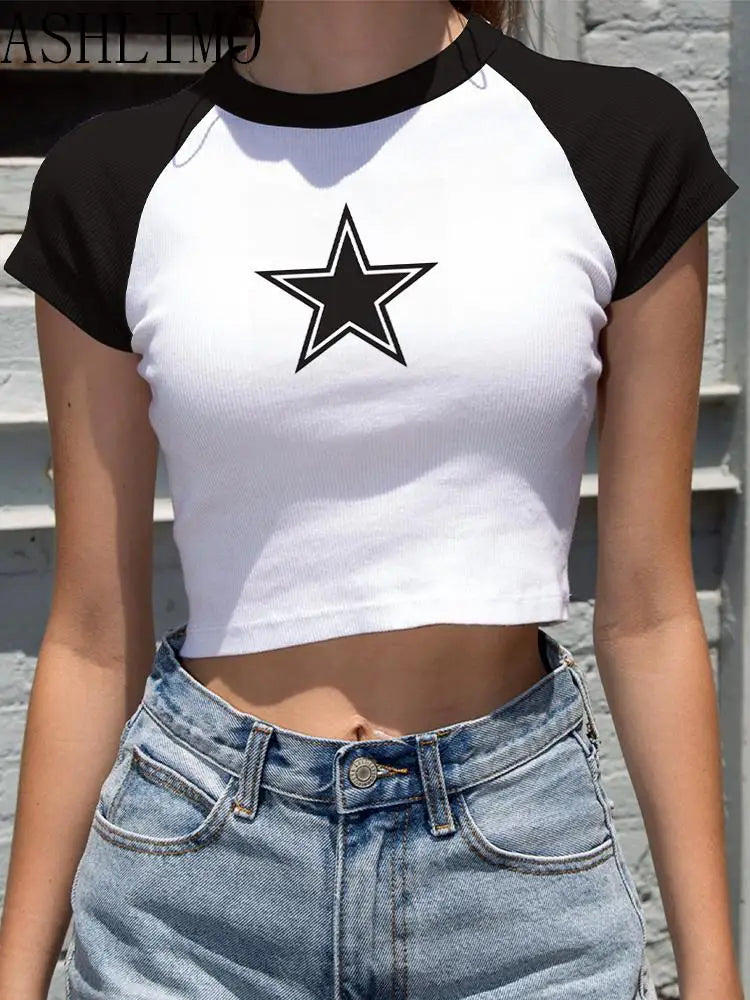 IMIEMIE Female Y2K Clothes Star Tops Women Tshirt Harajuku Retro Fashion Gothic Short Sleeve Crop Sexy Tops Aesthetics Tops Short Navel