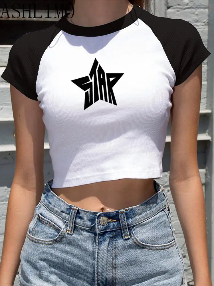 IMIEMIE Female Y2K Clothes Star Tops Women Tshirt Harajuku Retro Fashion Gothic Short Sleeve Crop Sexy Tops Aesthetics Tops Short Navel