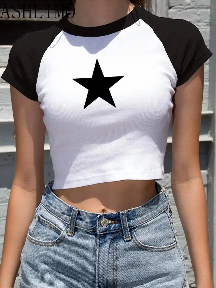 IMIEMIE Female Y2K Clothes Star Tops Women Tshirt Harajuku Retro Fashion Gothic Short Sleeve Crop Sexy Tops Aesthetics Tops Short Navel