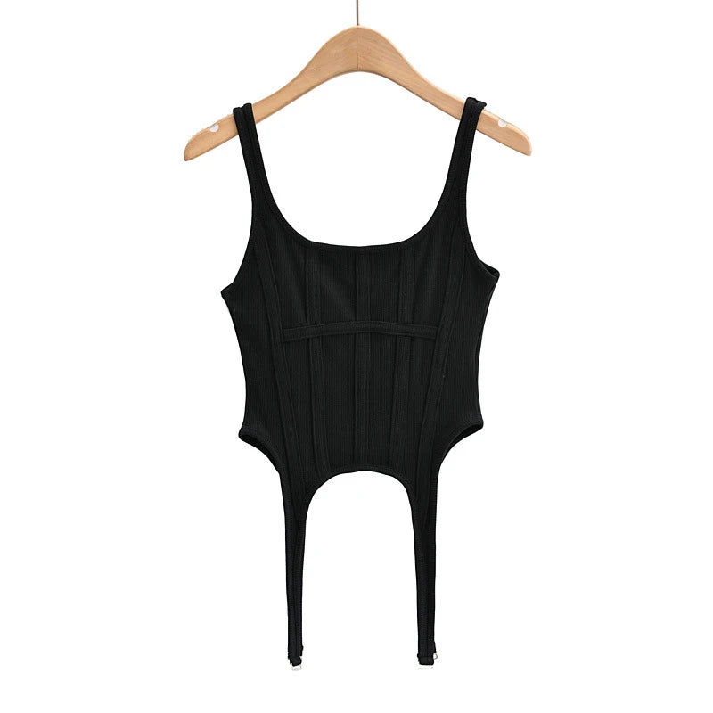 IMIEMIE Fishbone Thread Safari Style Vest Irregular Hook Bottomed Shirt for Women Square Neck Sexy Sleeveless Sort Tops