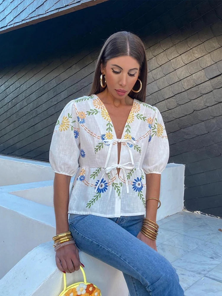 IMIEMIE Flower Printed Short Puff Sleeve Shirt Women Elegant Lace-up V-neck Cropped Tops for Female 2024 Summer Retro Fashion Streetwear