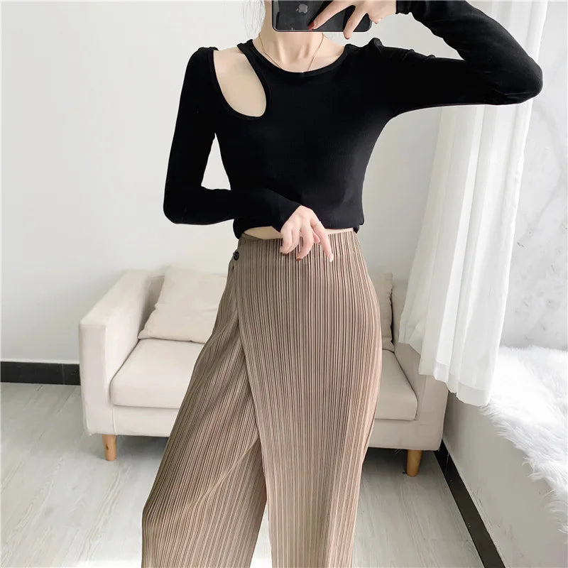 IMIEMIE Free Shipping MIYAKE 2024 New Pleated Straight Leg Trousers Slanted Loose and Slim Casual for Women Southeast Asia Pants [D013]