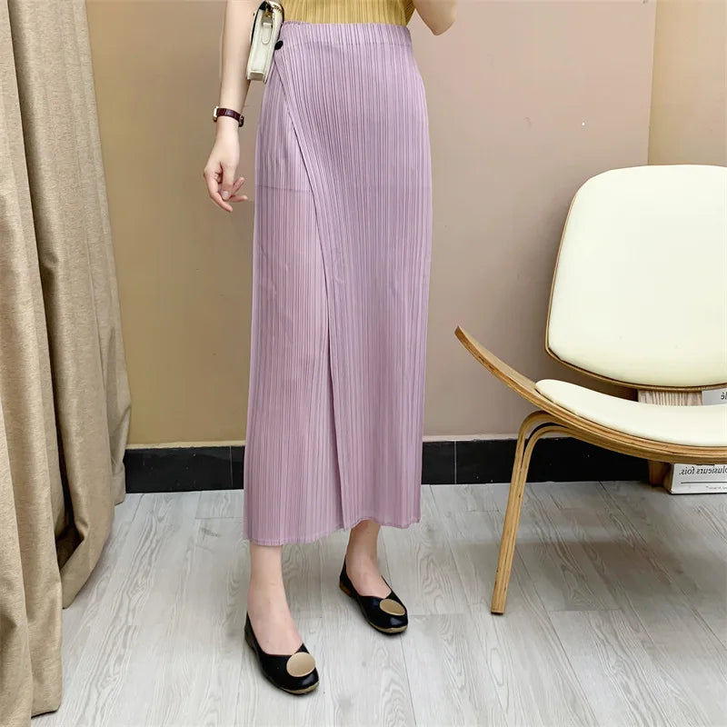 IMIEMIE Free Shipping MIYAKE 2024 New Pleated Straight Leg Trousers Slanted Loose and Slim Casual for Women Southeast Asia Pants [D013]