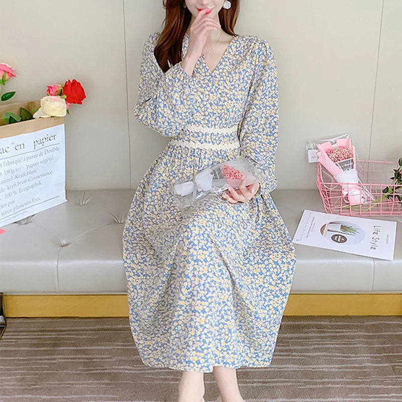 IMIEMIE French Floral Dresses for Women Summer V-neck Chiffon Puff Sleeve A-LINE Slim Dress Sweet Elegant Fashion Casual Beach Dress