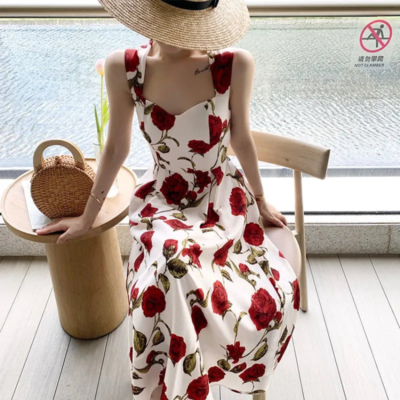 IMIEMIE French Seaside Holiday Romantic Rose Long Skirt Fairy Dress Thin Sleeveless Hanging Shoulder Floral Vest Skirt for Women