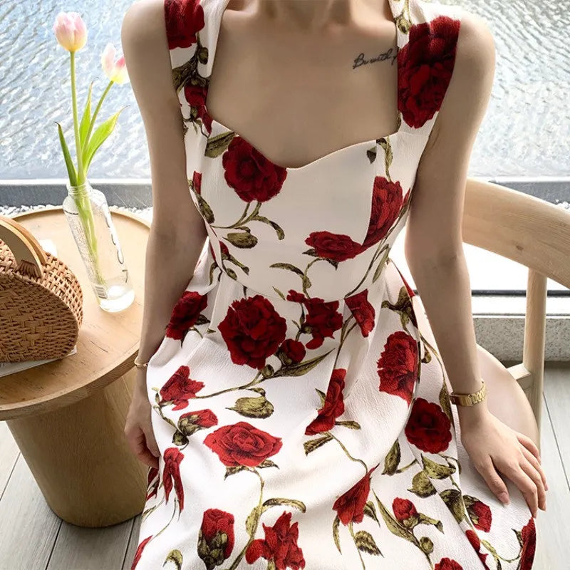 IMIEMIE French Seaside Holiday Romantic Rose Long Skirt Fairy Dress Thin Sleeveless Hanging Shoulder Floral Vest Skirt for Women