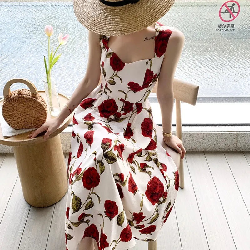 IMIEMIE French Seaside Holiday Romantic Rose Long Skirt Fairy Dress Thin Sleeveless Hanging Shoulder Floral Vest Skirt for Women