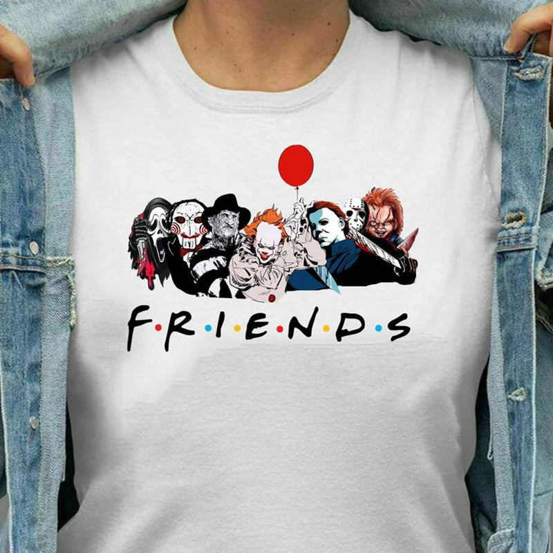 IMIEMIE Friends T Shirt Best Stephen King Horror Characters Printed Cartoon Women Fashion Tops Oversized Tee Halloween Clothes Women