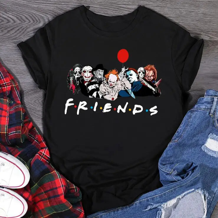 IMIEMIE Friends T Shirt Best Stephen King Horror Characters Printed Cartoon Women Fashion Tops Oversized Tee Halloween Clothes Women