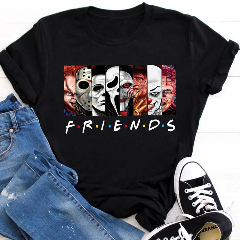 IMIEMIE Friends T Shirt Best Stephen King Horror Characters Printed Cartoon Women Fashion Tops Oversized Tee Halloween Clothes Women