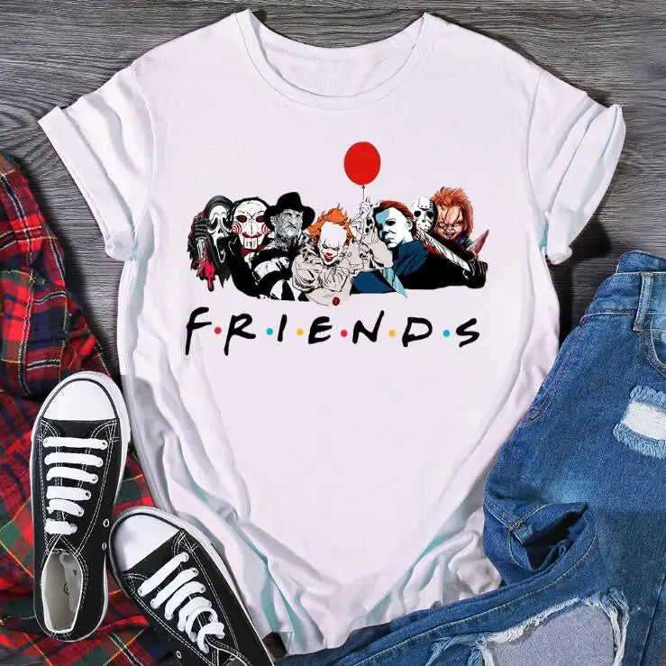 IMIEMIE Friends T Shirt Best Stephen King Horror Characters Printed Cartoon Women Fashion Tops Oversized Tee Halloween Clothes Women