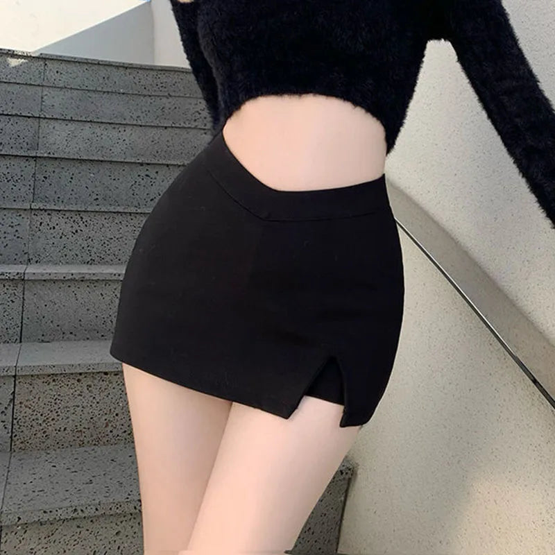 IMIEMIE Gidyq Women Sexy Split Shorts Skirt Summer Korean High Waist Office Ladies Mini Skirt Fashion Casual Black A Line Skirts