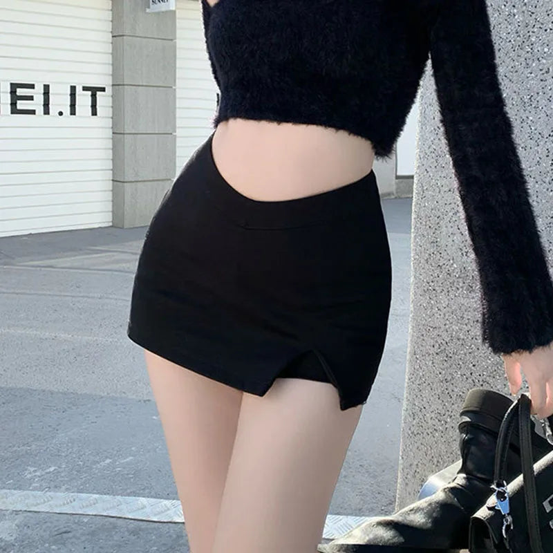 IMIEMIE Gidyq Women Sexy Split Shorts Skirt Summer Korean High Waist Office Ladies Mini Skirt Fashion Casual Black A Line Skirts