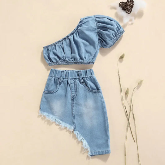 IMIEMIE Girls Denim Clothes Set, Solid Color Short Sleeve Off-shoulder Cropped Tops + Irregular Hem Skirt