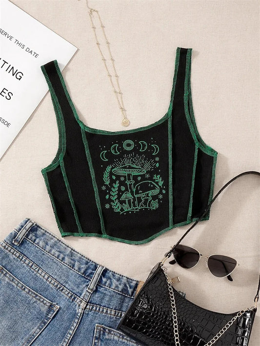 IMIEMIE Gothic Grunge Print Crop Tank Top for Women Summer Sleeveless Topstitching Patchwork Asymmetrical Cute Baby Tee Y2K Shirts