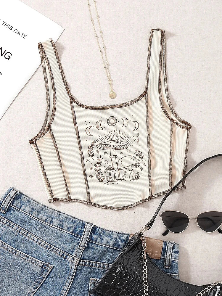 IMIEMIE Gothic Grunge Print Crop Tank Top for Women Summer Sleeveless Topstitching Patchwork Asymmetrical Cute Baby Tee Y2K Shirts