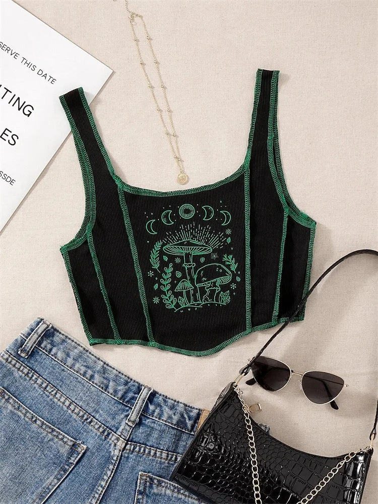 IMIEMIE Gothic Grunge Print Crop Tank Top for Women Summer Sleeveless Topstitching Patchwork Asymmetrical Cute Baby Tee Y2K Shirts