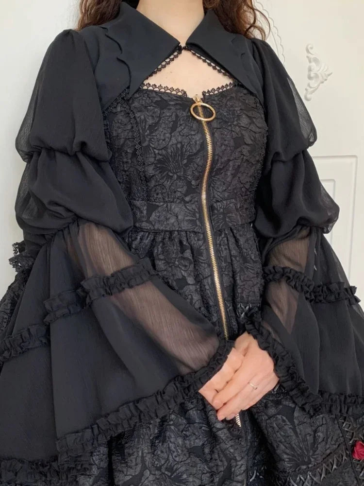 IMIEMIE Gothic Lolita Cardigan Blouse Women Loose Puff Sleeve Lace Patchwork Black Cropped Shirts Japanese Harajuku All Match Capes Top